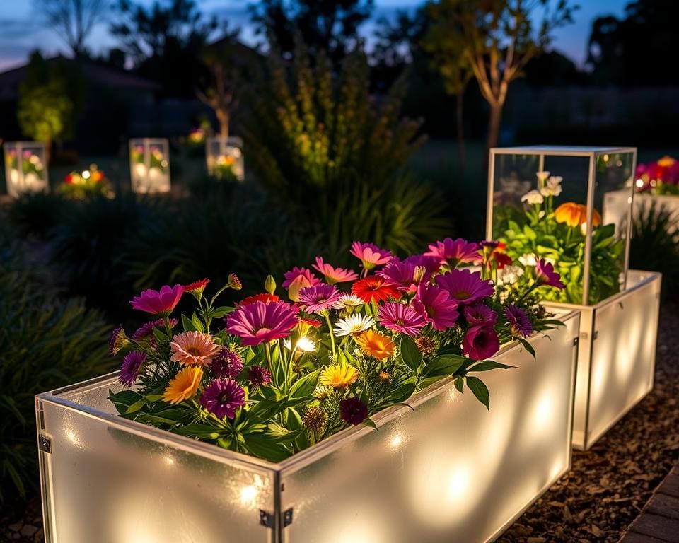 Beleuchtete Blumenkästen aus recyceltem Glas für stilvolle Akzente