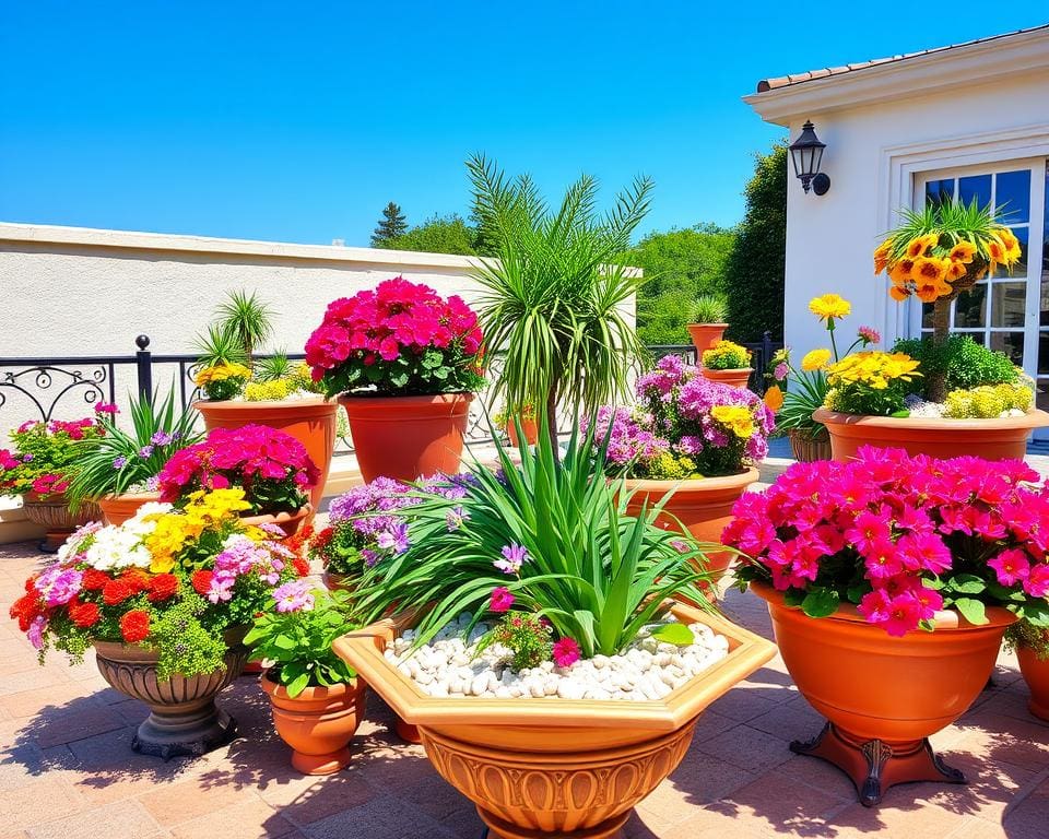 Blumenbeete in Schalen für Terrassen: Praktisch und dekorativ