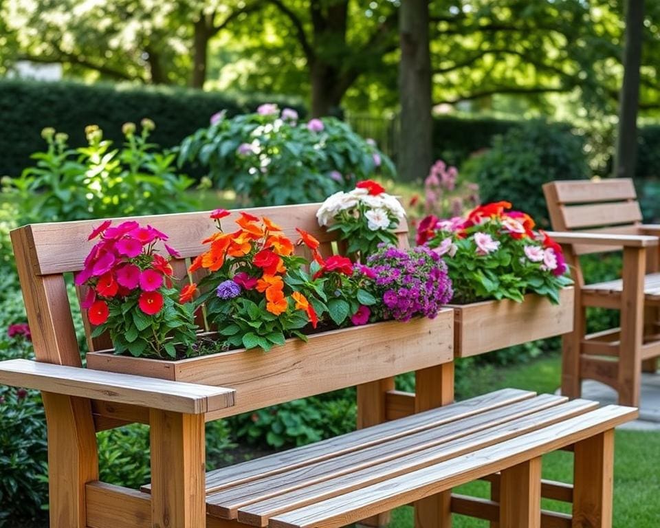 Gartenmöbel aus Holz mit Blumenbeet