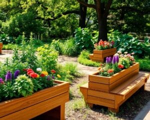 Holzbänke mit Blumenkästen für praktische Gartengestaltung