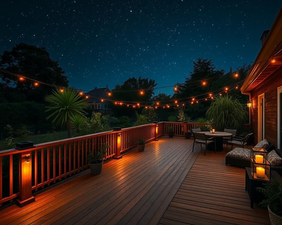 Holzdecks mit LED-Leuchten für romantische Sommernächte